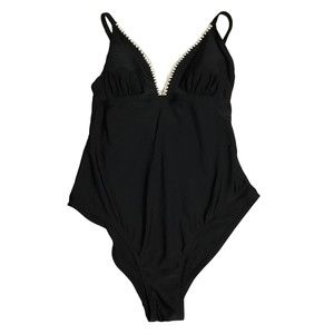 Kona Sol One Piece Black Bathing Suit With Crochet Trim NWOT